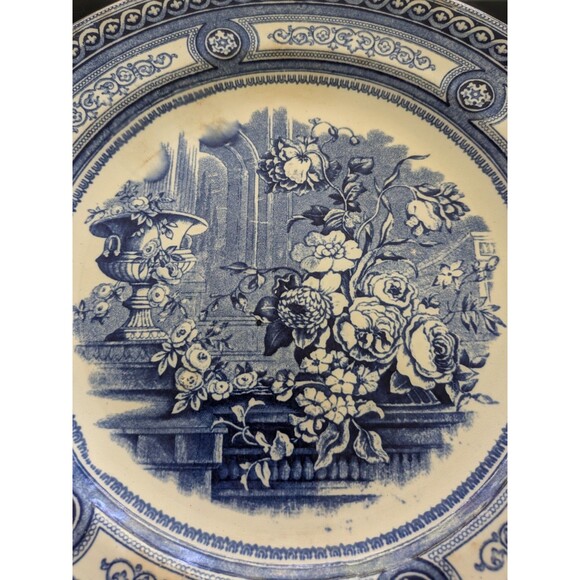 Antique Transferware Blue Plate 10" Peony Pinder Bourne & Co Burslem 1860s Urn - Picture 2 of 13